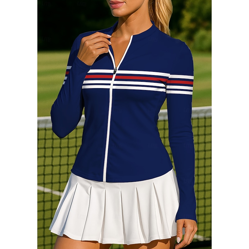 Women's Geometric Stripes Tops Sport Shirt Tennis Shirt Tennis Tee Long Sleeve Zipper Floral UPF50+ UV Resistant High Elasticity Moisture Wicking Breathable Volleyball Tennis Golf Crew Neck Round3