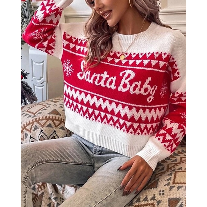Women's Christmas Sweater Fair Isle Sweater Pullover Fashion Casual Letter Ribbed Crew Neck Knitted Long Sleeve Regular Tops Knit Christmas Outdoor Daily Red Khaki Fall Winter2