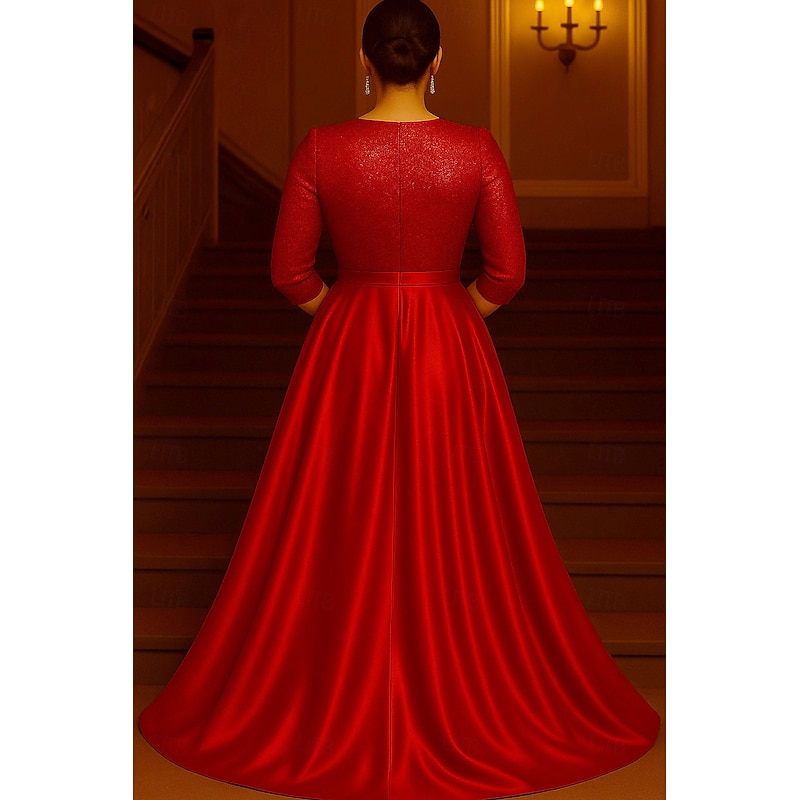 Red Black A-Line Evening Gown Elegant Formal Dress Formal Wedding Floor Length 3/4 Length Sleeve V Neck Pocket Stretch Satin with Ruffles 20252