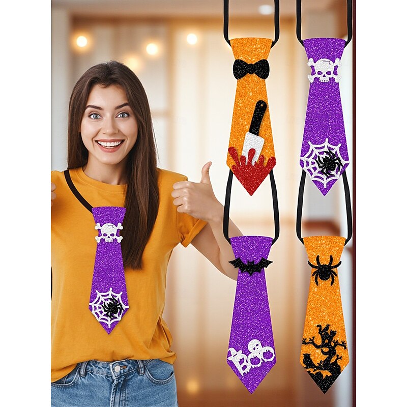 Women's Halloween Glitter Necktie Set - 3pcs Sparkly Pumpkin, Spider and Bat Ties for Costume Party and Cosplay Accessories