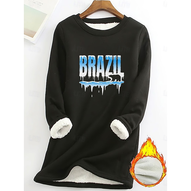 Women's Fleece Lined Pullover Sweatshirt Pajamas Pullover Sweatshirt Pullover Sweatshirts Letter Warm Streetwear Casual Long Sleeve Crew Neck Long Tops Home Dailywear Casual Print Black Blue Gray