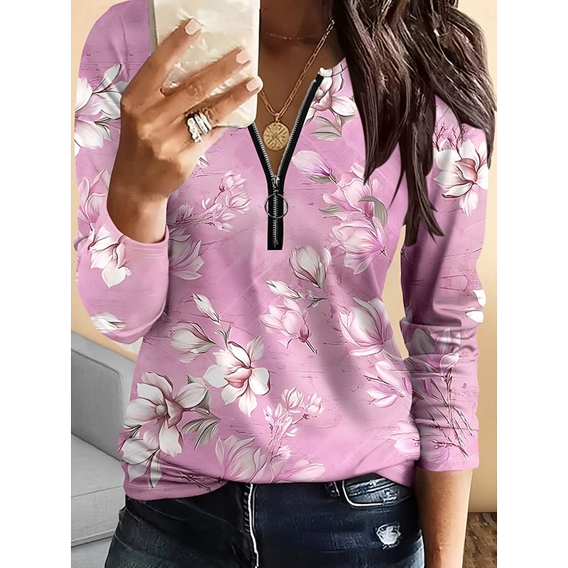 Women's T Shirt Floral Graphic Vintage Fashion Stylish Long Sleeve Crew Neck Regular Tops Daily Zipper Print Yellow Pink Purple Green Gray Spring Fall Winter