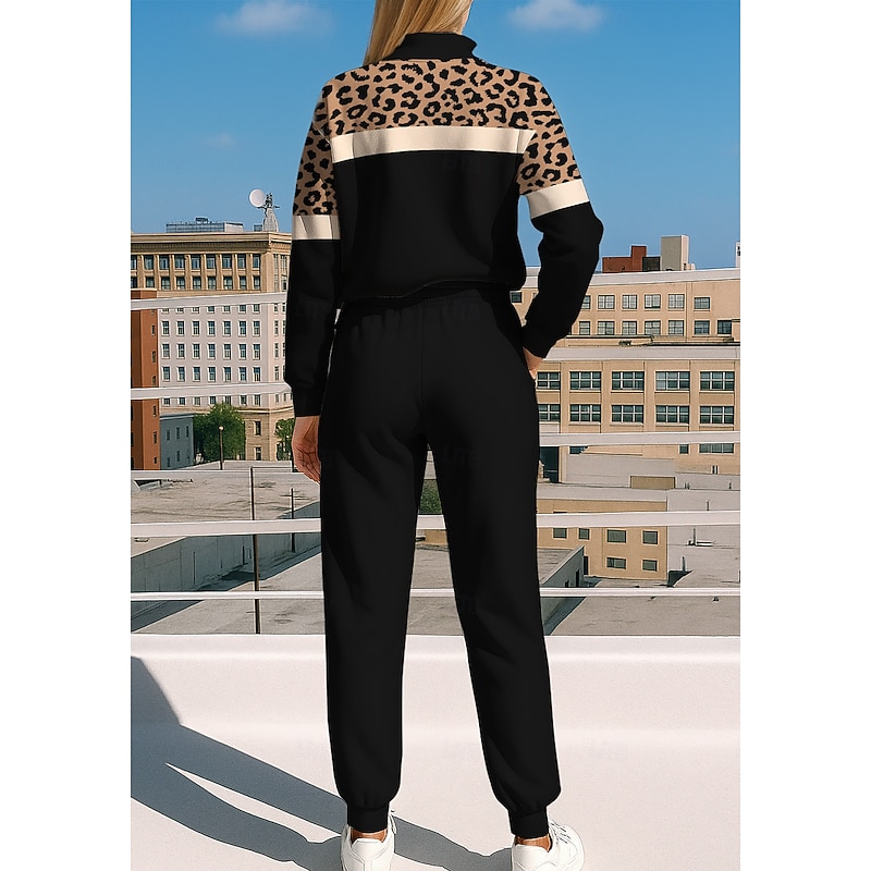 Women's Sweatshirt Tracksuit Sweatsuit Drawstring Zipper Leopard Jacket and Sweatpants Athletic Clothing Set Spring Black with White Casual Workout Outdoor Soft Baggy Long Sleeve Sport Activewear2