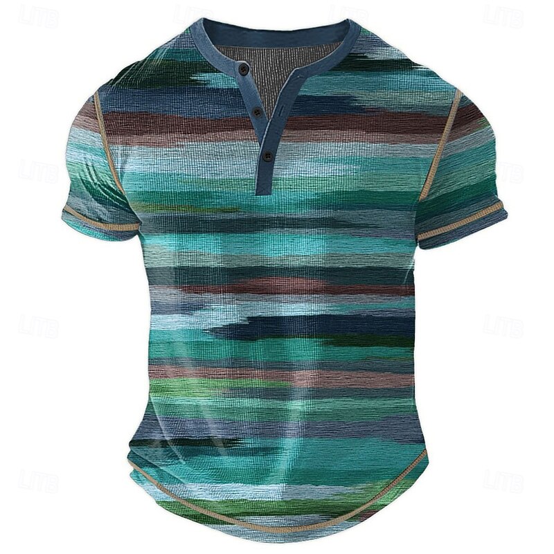 Men's Rainbow Stripes Henley Shirt Waffle T Shirt Short Sleeve Daily Retro Vintage Classic Sports Outdoor Casual Holiday Spring & Summer All Seasons Lake blue Pink Green khaki Henley Henley T-Shirt3