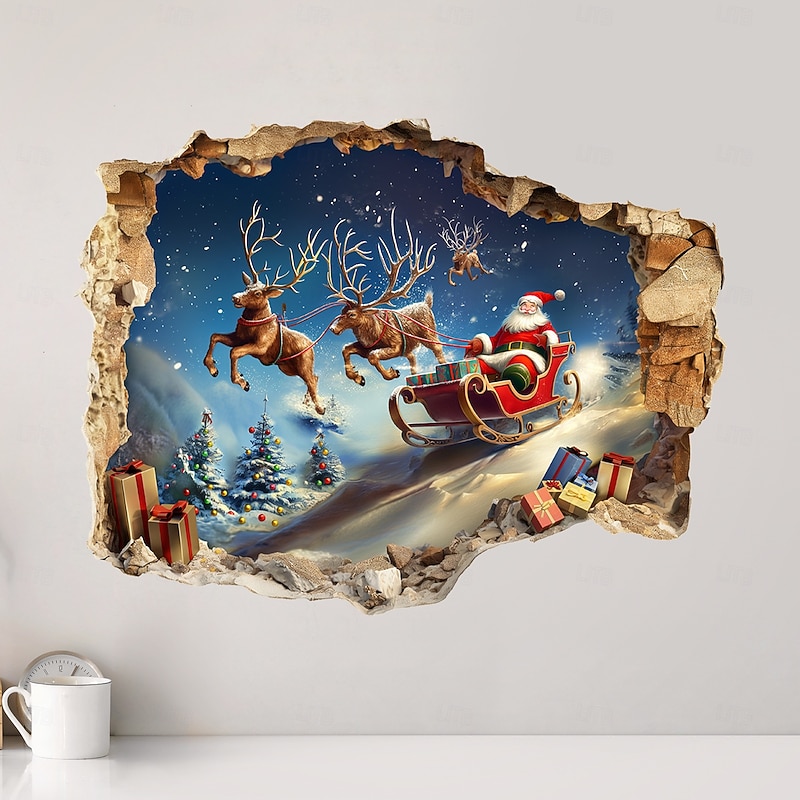 Christmas Sticker Wall Decals 3D Broken Wall Santa Claus Sleigh Reindeer Removable Vinyl Mural Holiday Party Living Room Entryway Wall Decoration Home Festival Atmosphere2