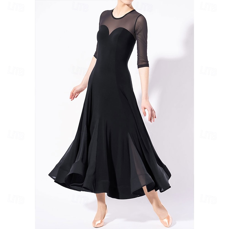Women's Black Ballroom Dance Dress with Sheer , Flared Skirt, and Heart-Shaped Bodice - Ideal for Latin, Salsa, and Social Dance Performances4