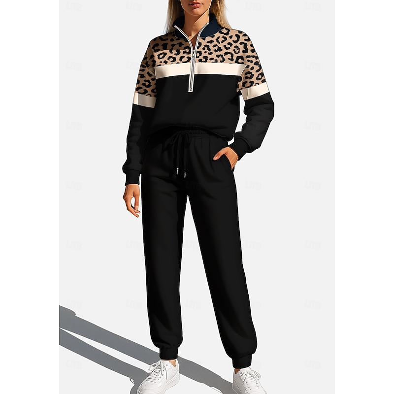 Women's Sweatshirt Tracksuit Sweatsuit Drawstring Zipper Leopard Jacket and Sweatpants Athletic Clothing Set Spring Black with White Casual Workout Outdoor Soft Baggy Long Sleeve Sport Activewear