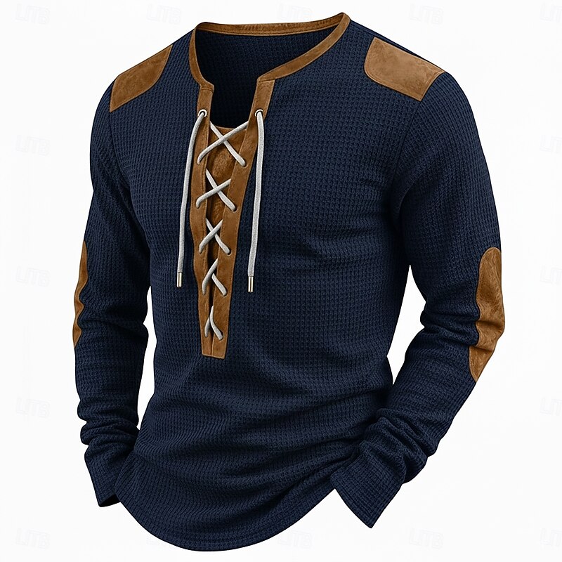 Men's Waffle T-shirt T Shirt Waffle Henley Shirt Long Sleeve V Neck Lace Up Neck All Seasons Solid Color Textured Traditional / Vintage Casual Color Block Outdoor Home Sports & Outdoor Black Navy3