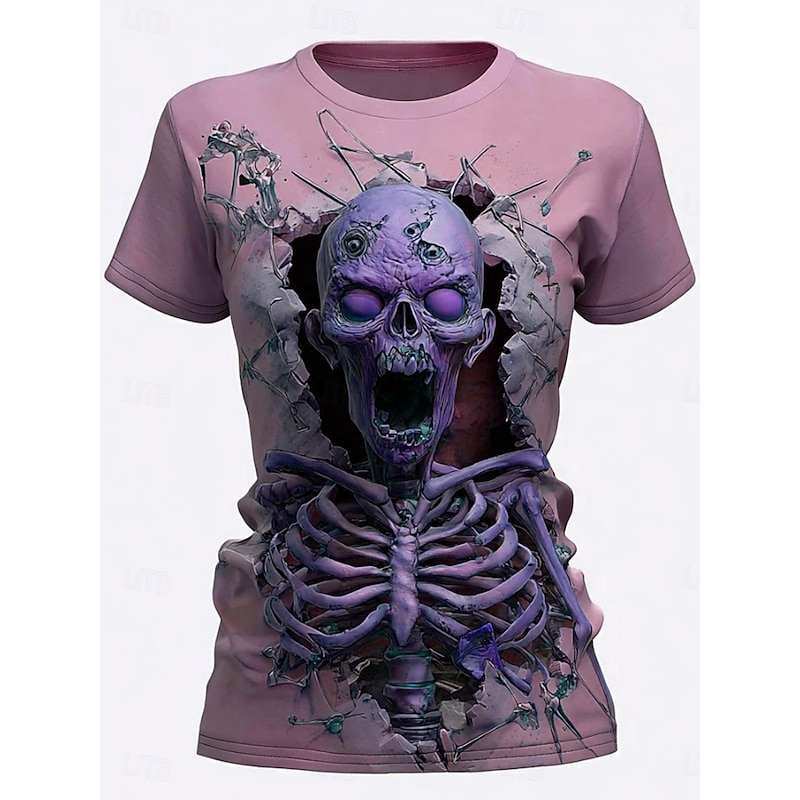 Halloween Women's T Shirt Skulls Graphic Skeleton Vintage Stylish Casual Short Sleeve Crew Neck Regular Tops Daily Going out Weekend Print Pink Blue Purple Green Summer2