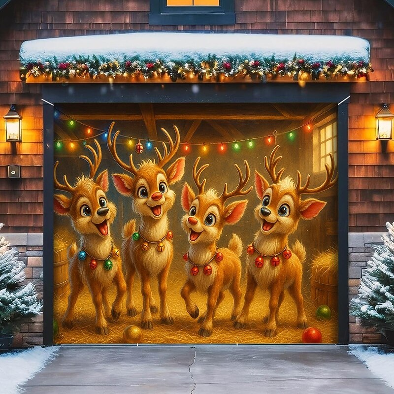 Christmas Garage Door Cover 2025 Xmas Reindeer Family Winter Scene Backdrop Banner, Holiday Outdoor Garage Decoration for Christmas Party and Home3