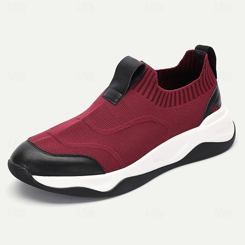 Men's Premium Cowhide Slip-On Sneakers in Burgundy with Knit Upper, Comfortable & Stylish Design for Casual Wear2
