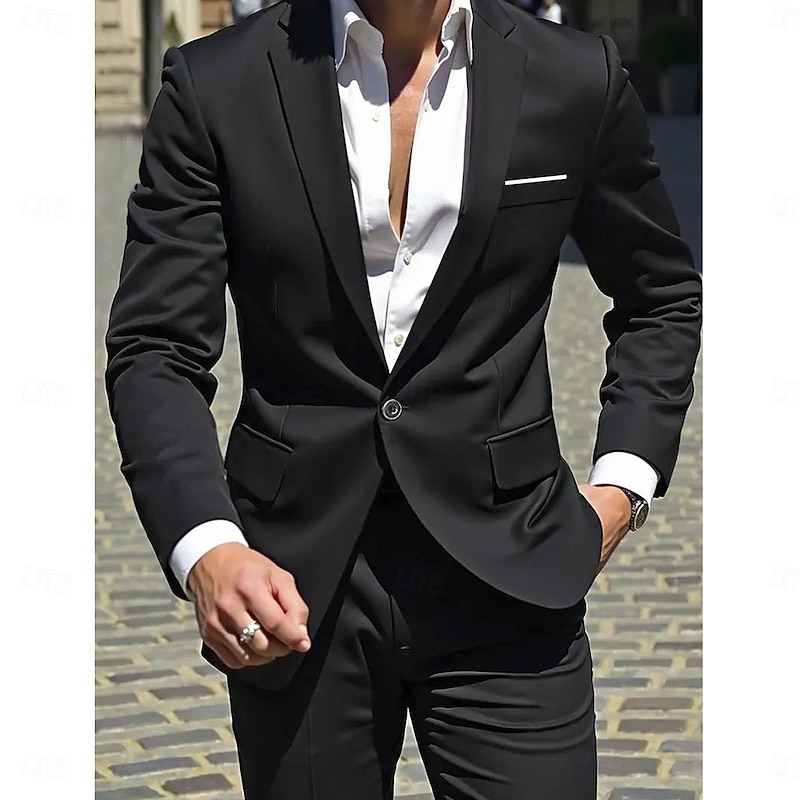 Men's Wedding Party Business Suits Notch Lapel Black Navy Blue Daily Formal Solid Colored Tailored Fit 2 Piece Single Breasted One-button