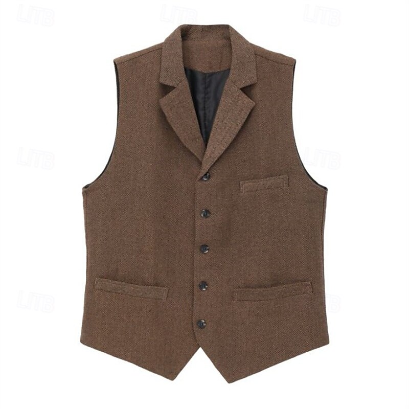 Men's Vest Waistcoat Gilet Vacation Party Business Fashion Casual Spring Fall Pocket Buttons Polyester Comfortable Plain Single Breasted One-button Lapel Regular Fit Light Coffee Black Green Light3