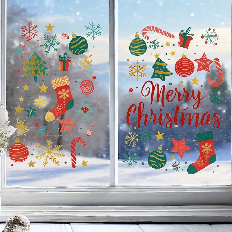 Christmas Sticker Wall Decals Cartoon Christmas Elements Gift Snowflake Removable Vinyl Mural Holiday Party Bedroom Living Room Glass Window Door Background Decoration For Home4