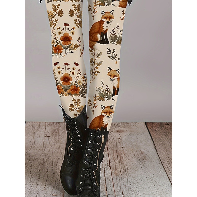 Women's Slacks Leggings Cozy Leggings Vacation Vintage Streetwear Full Length Natural Graphic Leaf Animal Elastic Waist Print Comfy Outdoor Comfortable Stretchy Outdoor Vacation Streetwear Khaki Fall3