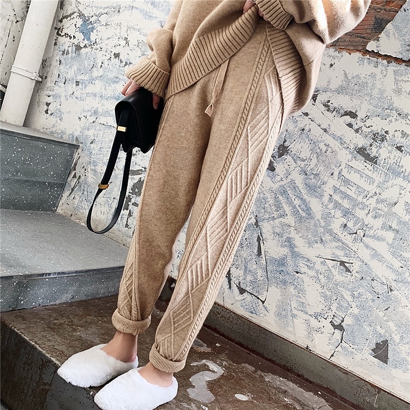 Women's Pants Trousers Tapered Carrot Pants Fashion Streetwear Full Length High Waist Plain Jacquard Elastic Waist Knitted Warm Comfortable Micro-elastic Street Daily Wear Going out Camel Black Beige