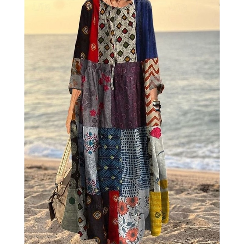 Women's Long Dress Maxi Dress Casual Dress Print Dress Elegant Fashion Modern Outdoor Daily Going out Regular Fit Graphic Long Sleeve Crew Neck Red Blue Orange Brown Spring Autumn4