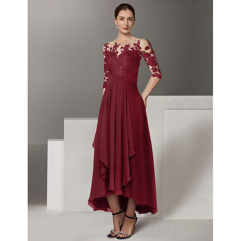 A-Line Mother of the Bride Cocktail Dresses Elegant Dress Wedding Guest Asymmetrical 3/4 Length Sleeve Jewel Neck Stretch Satin with Appliques4