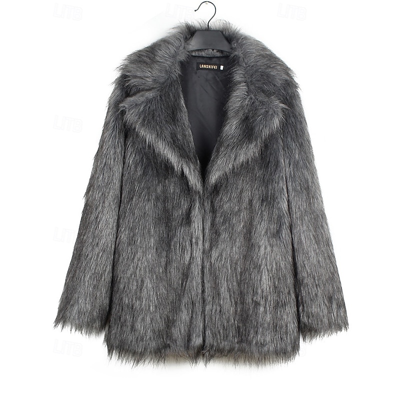 Women's Coat Faux Fur Coat Warm Comfortable Furs & Leathers Casual Plain Vacation Street Daily Wear Weekend Long Turndown Regular Fit Long Sleeve Outerwear Dark Grey Fall Winter3