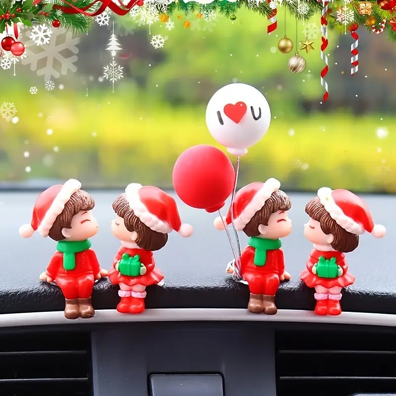 Christmas Car Ornament - Festive Couple Doll with Red Balloon Resin Dashboard Decor for Holiday CelebrationsCar Interior Decoration Christmas Decorations Christmas Doll Car Dashboard Decoration