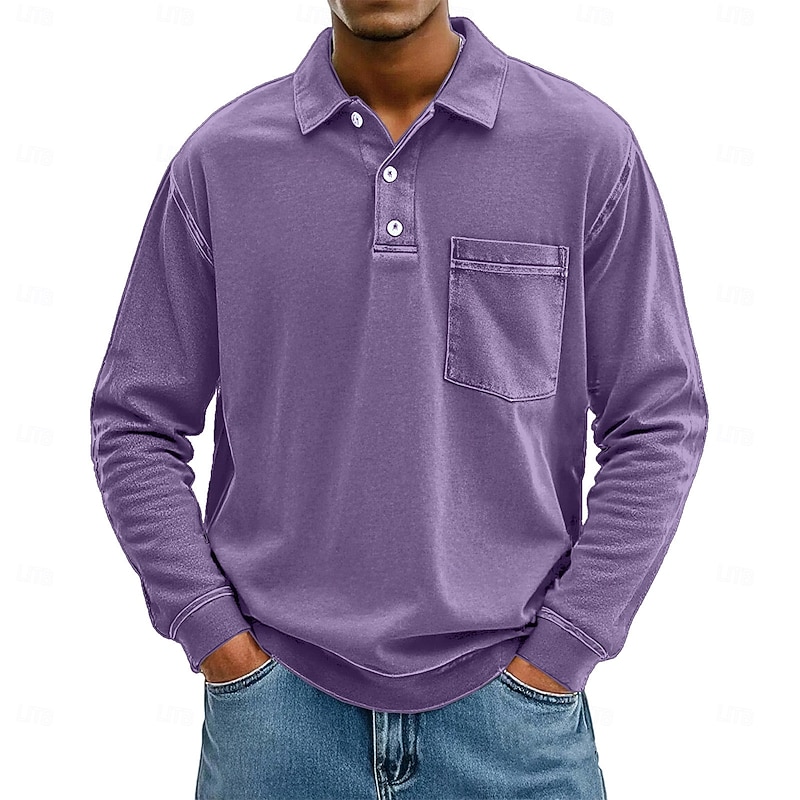 Men's Polo Shirts Golf Polos Shirts Street Business Classic Long Sleeve Vintage Basic Solid Color Plain Pocket Fall Winter Cross-Seasons Regular Fit Pink Dark Blue Green Light Blue Purple Khaki Polo2