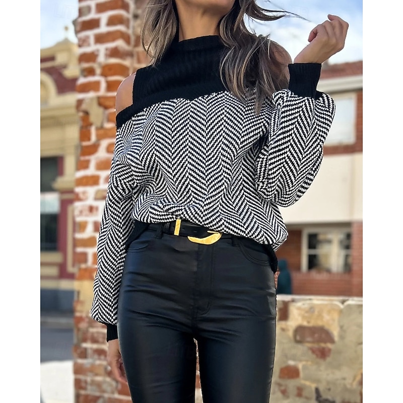 Women's Sweater Pullover Streetwear Casual Striped Turtleneck Patchwork Knitted Cold Shoulder Long Sleeve Regular Tops Knit Outdoor Holiday Going out Black Fall Winter4