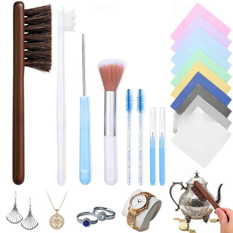 Jewelry Cleaning Kit 18 Pcs Jewelry Cleaner Brush Tool Set-Cleaning Polishing Cloth, Big & Small Hole Brush, Needles and Crevice Brush for All Jewelry, Ring, Gold, Diamond, Earring