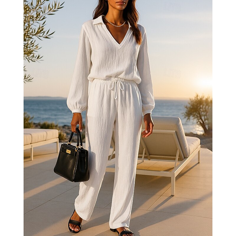 Women's 2 Piece Outfits Lounge Sweatsuit Drawstring Solid Colored Clothing Suit Fall Black White Vocation Outdoor Travel Lightweight Fashion Long Sleeve Sport Activewear Micro-elastic Regular Fit