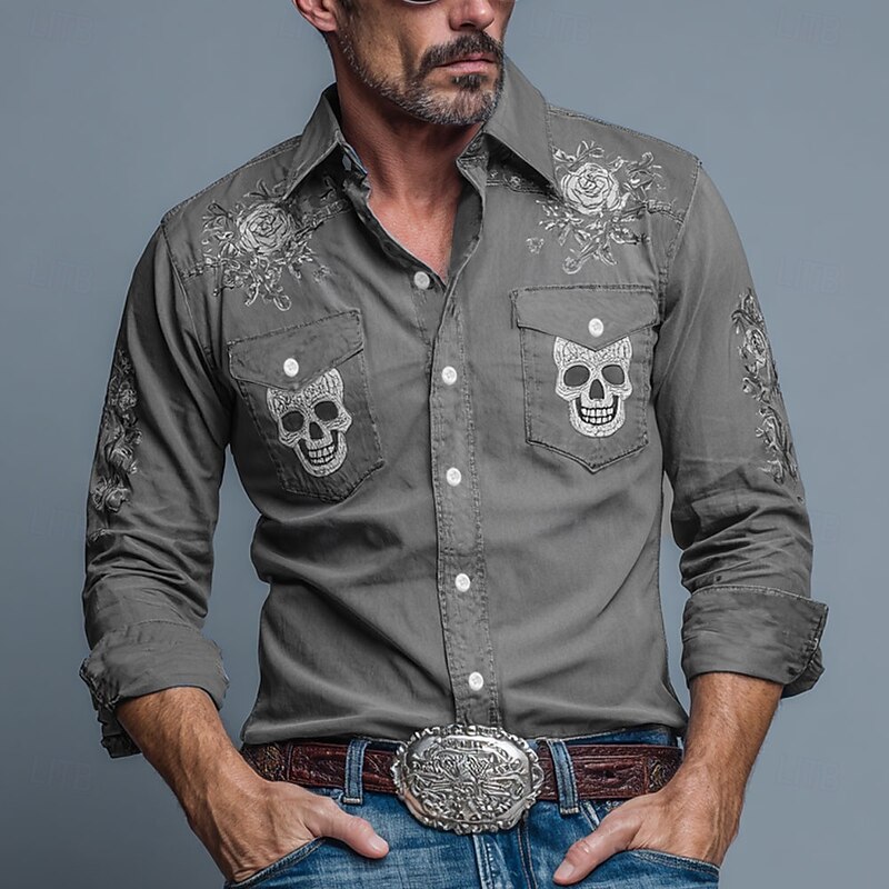 Men's Skull Day of the Dead Flowers Shirt Western Shirt Cowboy Shirt Long Sleeve Vintage Retro Outdoor Holiday WorkWear Spring Fall Turndown Front Two Pockets Linen Like Shirt Button Up Shirts Blue4
