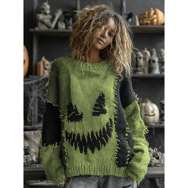Women's Sweater Cute Streetwear Casual Graphic Pumpkin Crew Neck Patchwork Knitted Long Sleeve Regular Tops Knit Halloween Orange Green Fall Winter2
