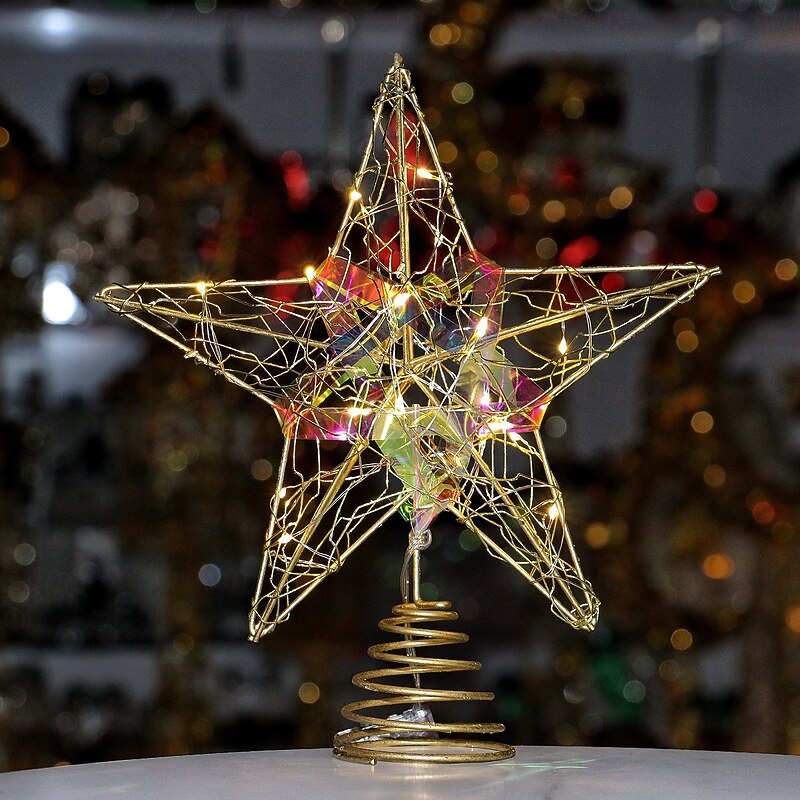 Christmas Tree Topper Star Led Light Xmas, Colorful Iron Five-Pointed Star Hanging Ornament, Festive Holiday Tree Decoration, Xmas Home Tabletop Decor Gift
