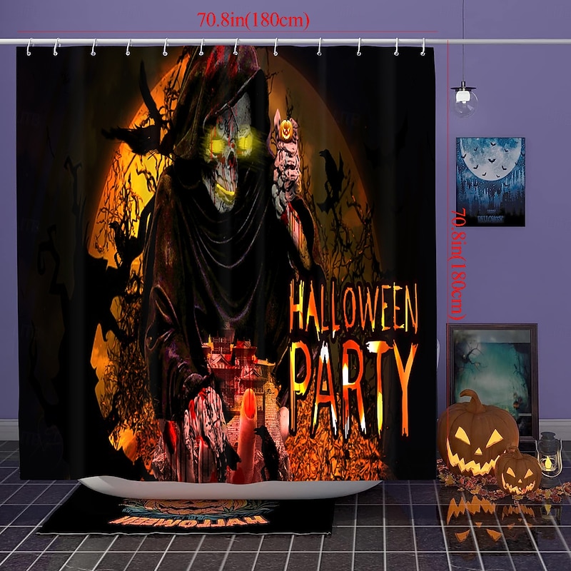 Halloween Shower Curtains Scary Skull Skeleton Ghost Pumpkin Design Waterproof Polyester Fabric Bathroom Decor Set with 12 Hooks Spooky Horror Haunted House Holiday Seasonal Decoration3