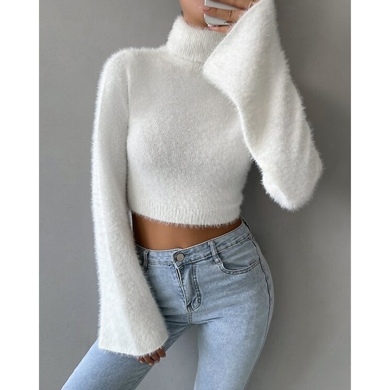 Women's Sweater Pullover Fashion Casual Solid Color Ribbed Turtleneck Knitted Long Sleeve Crop Tops Knit Outdoor Daily Weekend Black White Fall Winter2