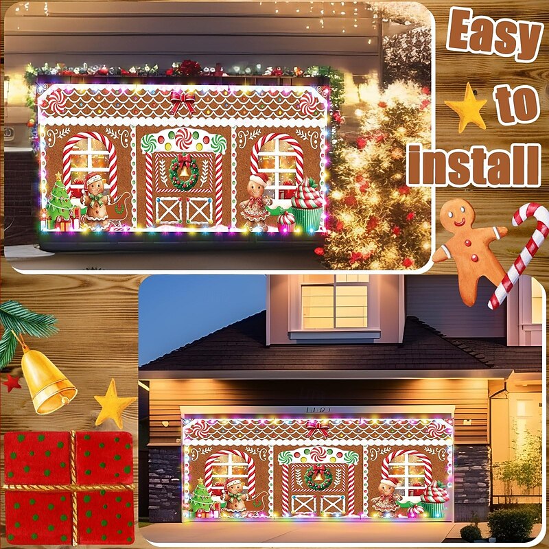 Christmas Outdoor Garage Door Cover Gingerbread Man Candy House Candy Cane Christmas Wreath Large Tapestry Backdrop Holiday Party Wall Decoration For Outdoor Garage Door Home Festival Decor3
