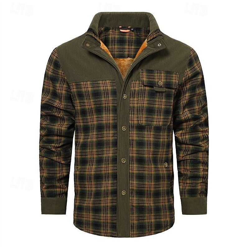 Men's Shirt Jacket Sherpa Jacket Shacket Vacation Daily Thermal Warm Pocket Fall Winter Plaid Fashion Classic Lapel Regular Black Red Dark Green Green Drak Red Jacket2