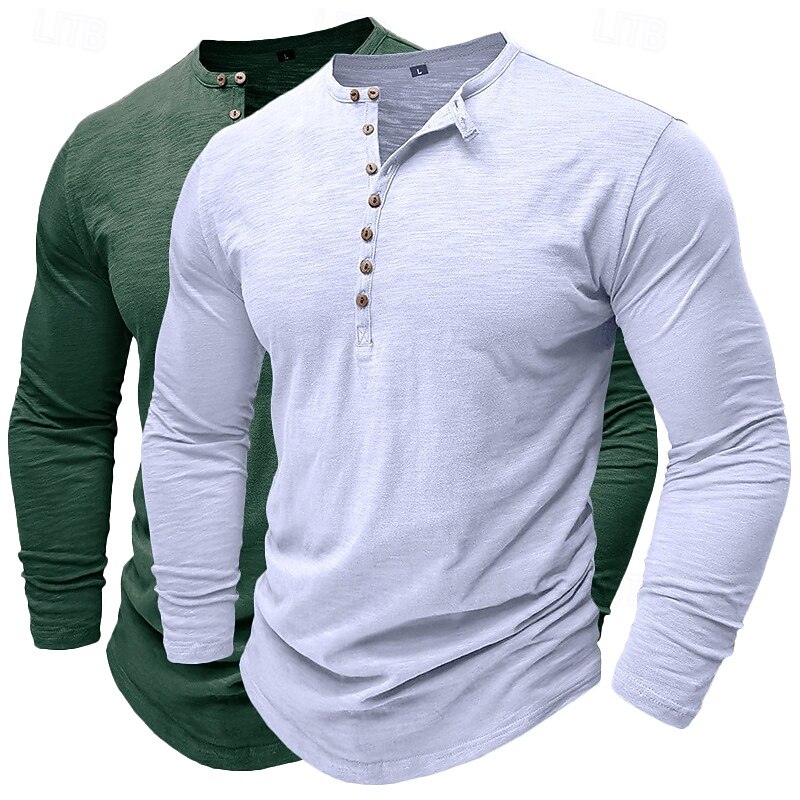 Men's Henley Shirt Tee Top Long Sleeve Shirt Long Sleeve Solid Color Plain Fashion Daily Casual 2 Piece Buttons Henley Outdoor Casual Summer All Seasons Brown+Green Dark Blue / Light Blue White+Green2