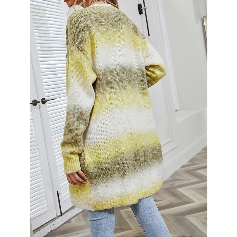 Women's Sweater Cardigan Elegant Fashion Streetwear Color Gradient Open Front Pocket Knitted Print Long Sleeve Regular Tops Knit Outdoor Daily Weekend Yellow Pink Spring Fall4