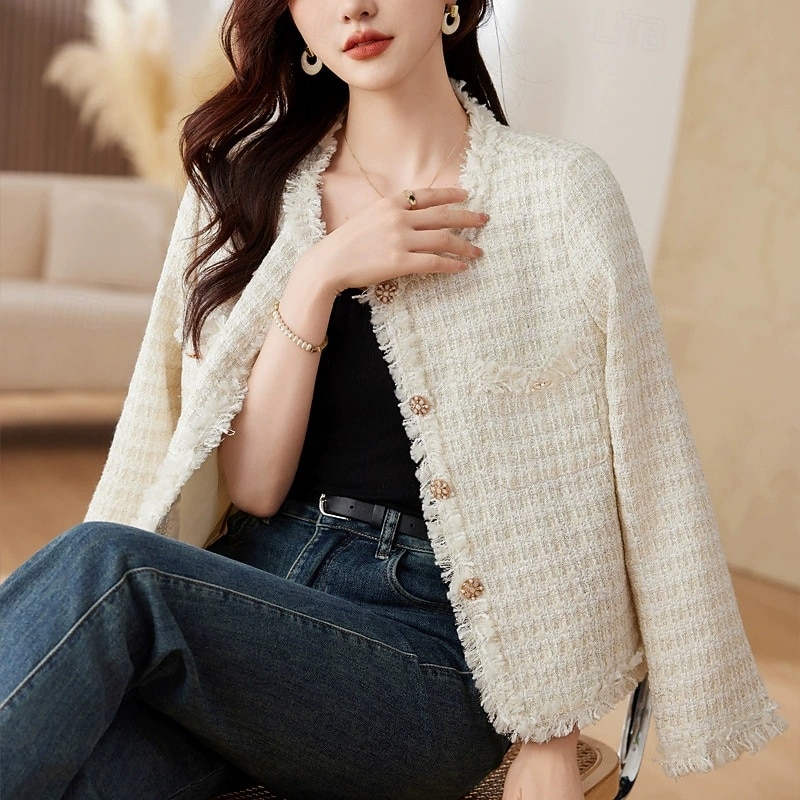 Women's Casual Jacket Warm Comfortable Pocket Buttons Fashion Outdoor Plain Going out Weekend Single Breasted Regular Crewneck Regular Fit Long Sleeve Outerwear Pink Apricot Spring Fall2