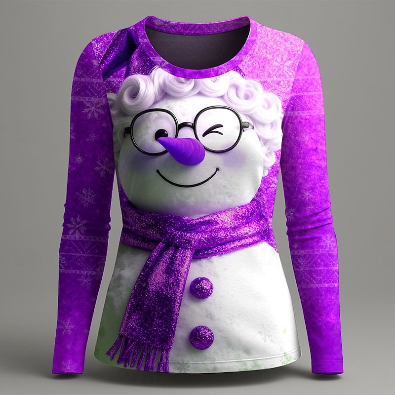 Christmas Women's T Shirt Graphic Snowman Vintage Fashion Stylish Long Sleeve Crew Neck Regular Tops Daily Weekend Print Red Blue Purple Gold Green Summer Spring Fall Winter3