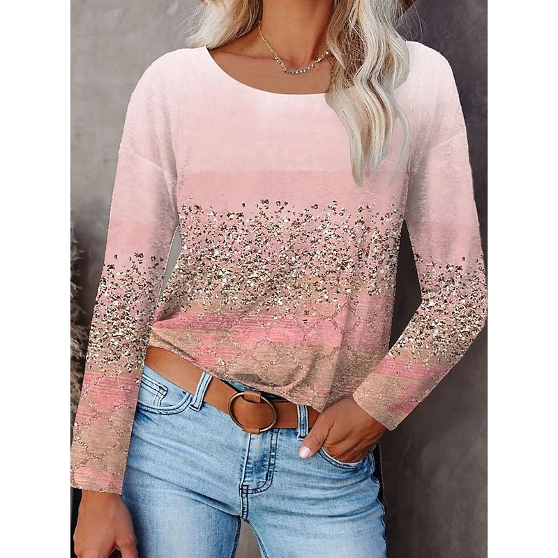 Women's T Shirt Graphic Color Gradient Abstract Fashion Long Sleeve Crew Neck Regular Tops Daily Going out Weekend Print Black Pink Green Spring Fall