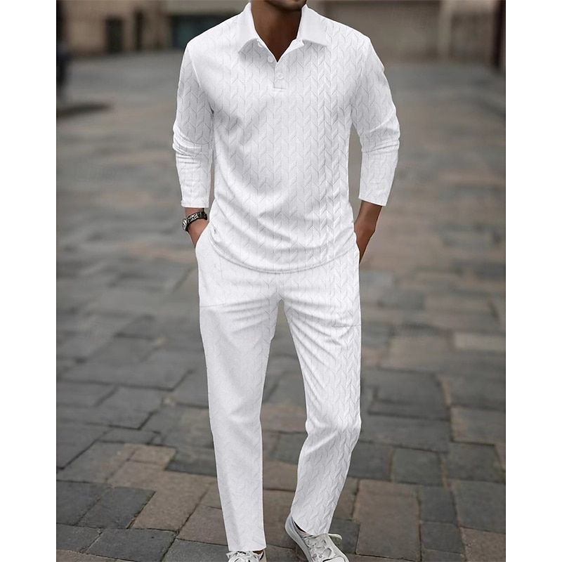 Men's T-shirt Suits Shirt and Pant Sets 2 Pieces Outfits Long Sleeve Lapel Spring Fall Plain Fashion Casual Jacquard 2 Piece Vacation Daily Wear Going out Black White Navy Blue Top Tee for Men3