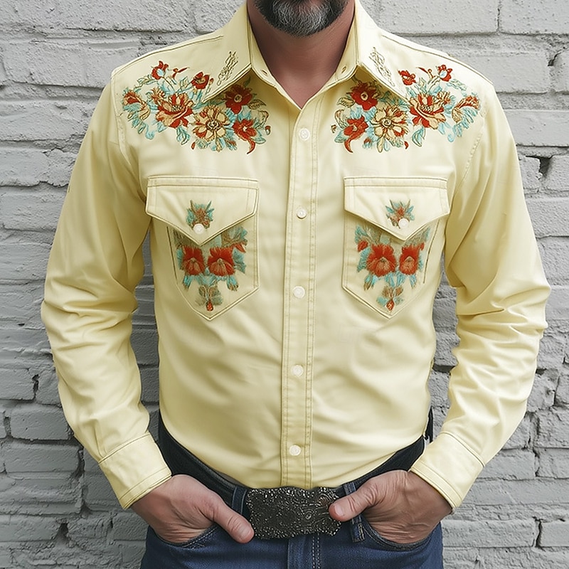 Men's Floral Print Flowers Shirt Western Shirt Cowboy Shirt Long Sleeve Vintage Retro Outdoor Casual WorkWear Spring Fall Turndown Front Two Pockets Linen Like Shirt Button Up Shirts Yellow Pink Blue4