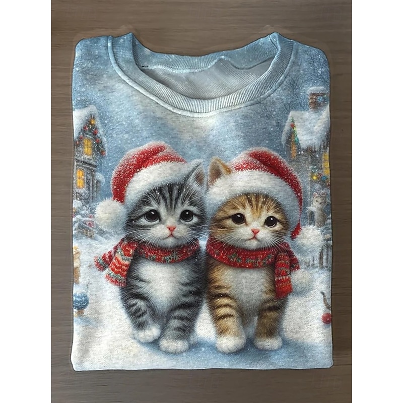 Women's Pullover Sweatshirt Graphic Cat Santa Claus Fashion Casual Long Sleeve Crew Neck Regular Tops Street Dailywear Casual Print White Red Blue Green Dark Blue Fall Winter