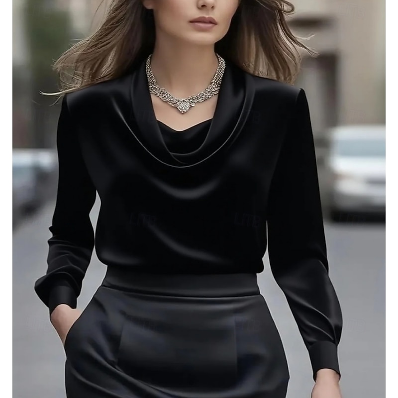 Women's Elegant Dressy Satin Blouse Plain Elegant Stylish Work Long Sleeve Cowl Neck Regular Tops Black White Apricot Fall