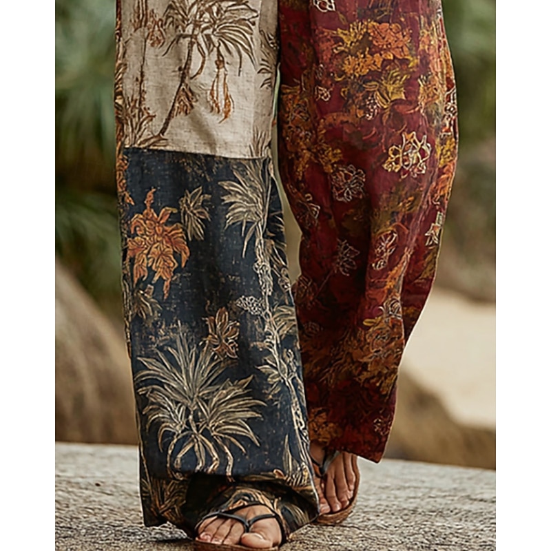 Men's Trousers Casual Pants Drawstring Pocket Elastic Waist Color Block Flowers Comfort Daily Going out Vintage Casual Red Micro-elastic3