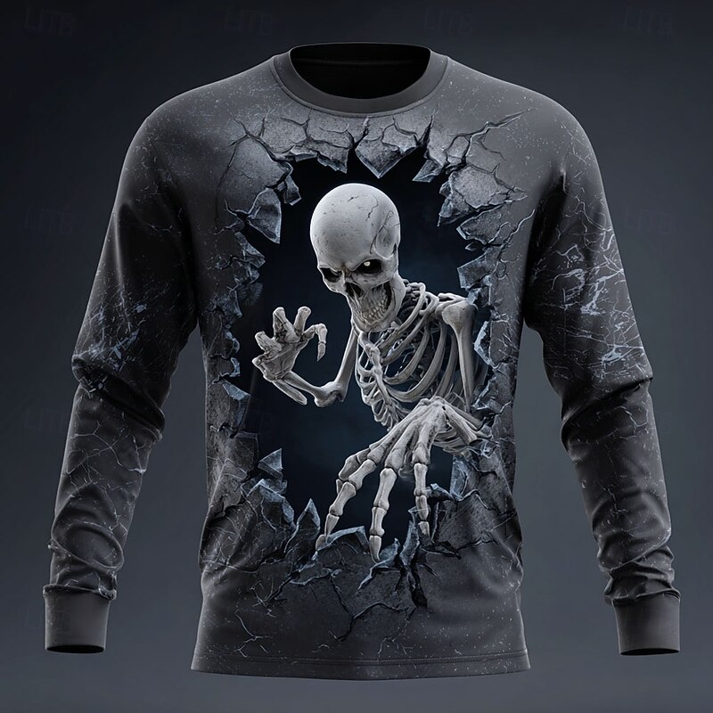 Halloween Men's Grim Reaper Skeleton T Shirt Long Sleeve T shirt 3D Print Crew Neck Shirt Fashion Exaggerated Street Casual Daily Yellow Green Dark Blue Summer Spring Fall Clothing Apparel S M L XL