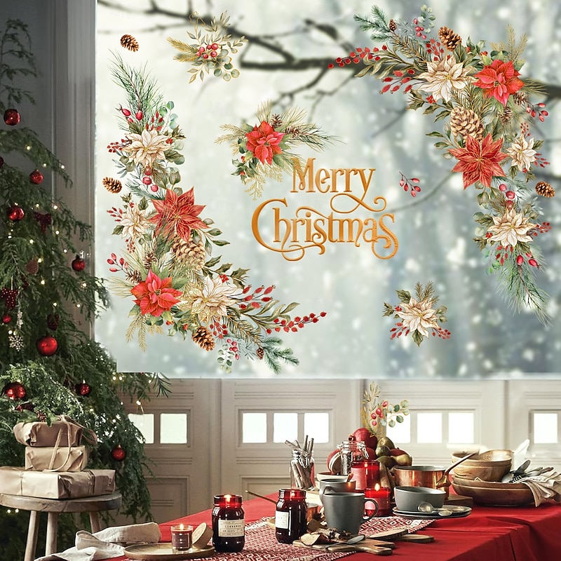 Christmas Sticker Wall Decals Holiday Flower Design Removable Vinyl Mural Bedroom Bedside Decoration Christmas Party Background Wall Art Home Decor Supplies2