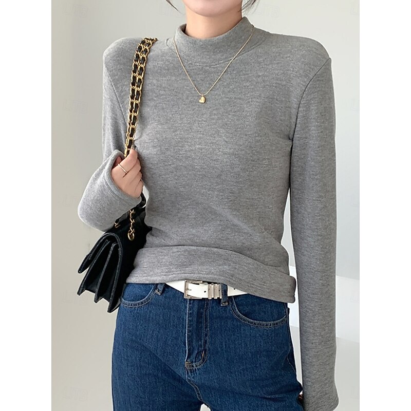 Women's Blouse Solid Color Stylish Casual Long Sleeve Turtleneck Regular Tops Daily Black Pink Brown Green Khaki Spring Fall Winter2