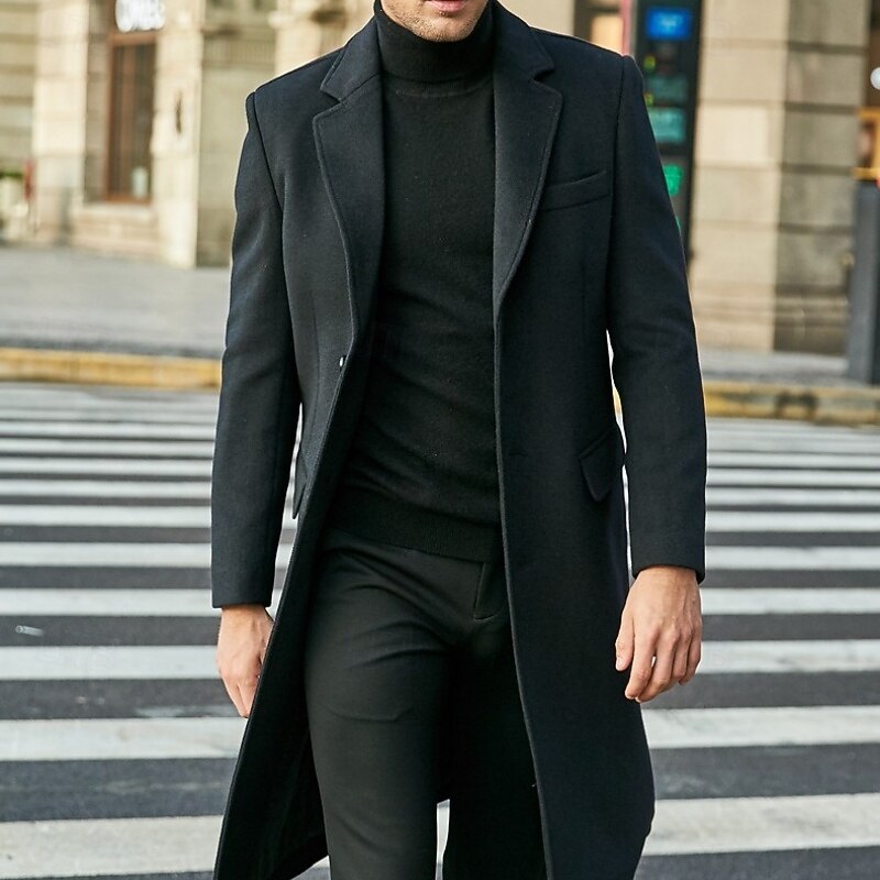 Men Overcoat Peacoat Long Trench Coat Trench Coat Formal Casual Fall Winter Polyester Thermal Warm Outerwear Clothing Apparel Classic Plain Notch lapel collar Single Breasted2