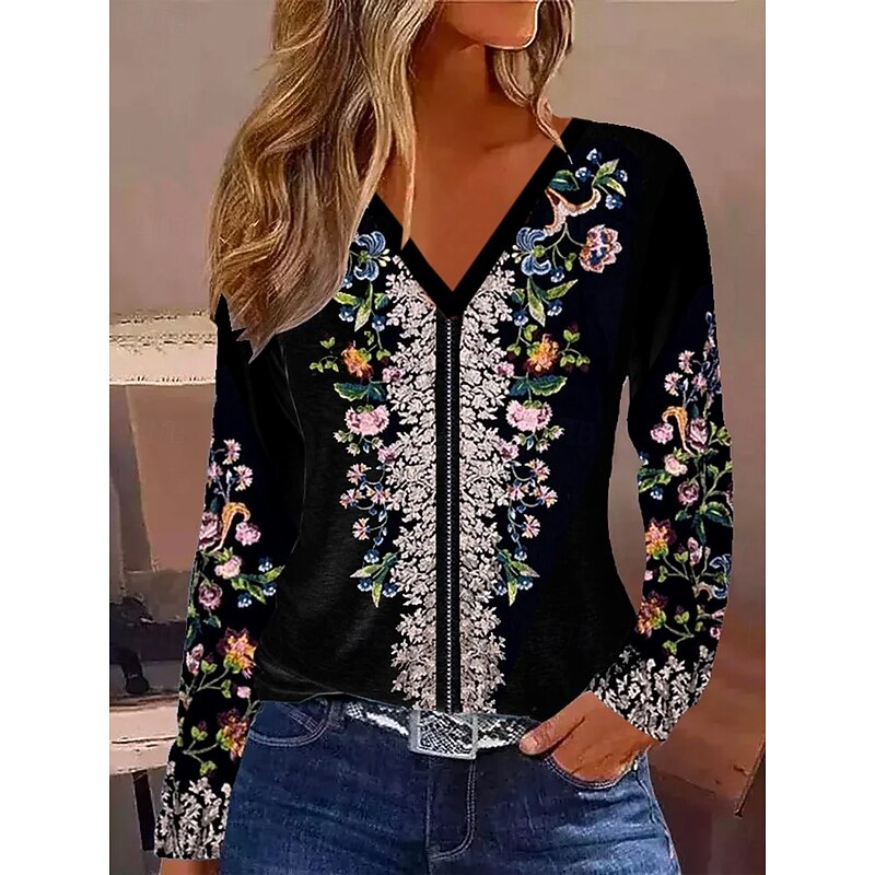 Women's T Shirt Graphic Plants Tribal Vintage Stylish Classic Long Sleeve V Neck Regular Tops Daily Print Black Spring Fall Winter